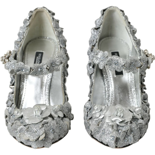 Dolce & Gabbana Silver Floral Crystal Mary Jane Pumps Shoes LA10725-36