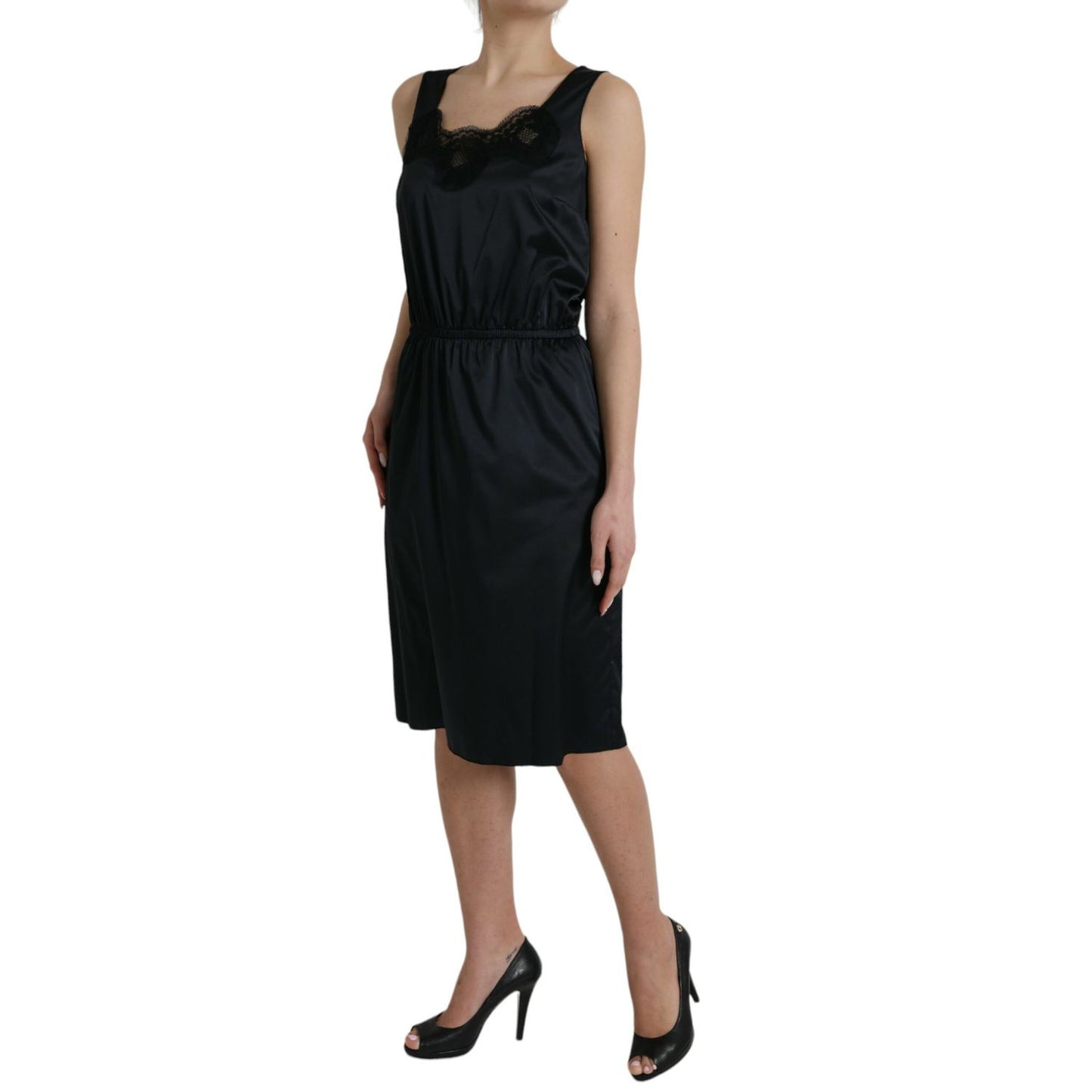 Dolce & Gabbana Black Polyester Lace Trim Sheath Midi Dress