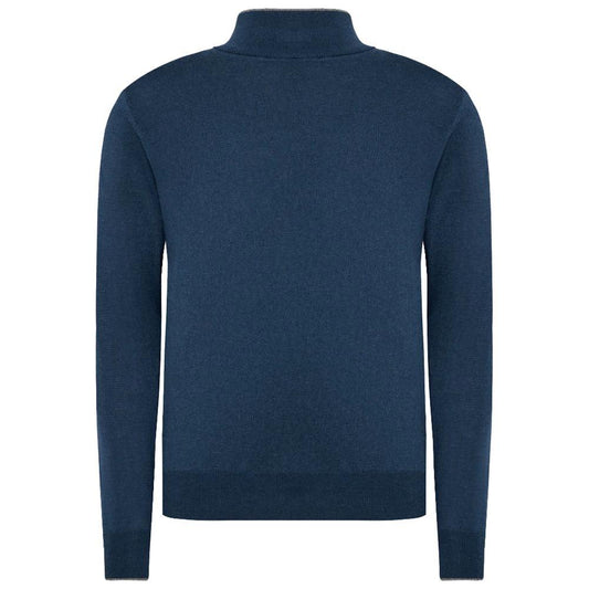 La Martina Blue Wool Men Sweater with Half Zip Closure