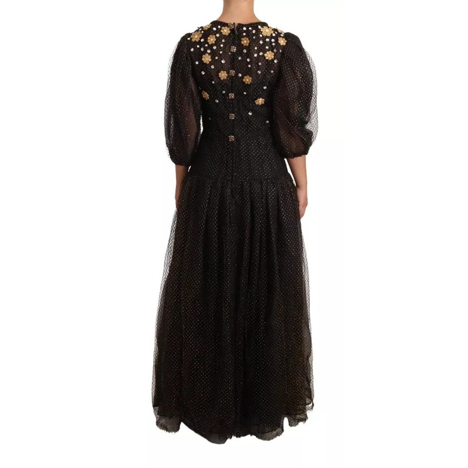 Dolce & Gabbana Black Crystal Floral Maxi Ball Gown Dress