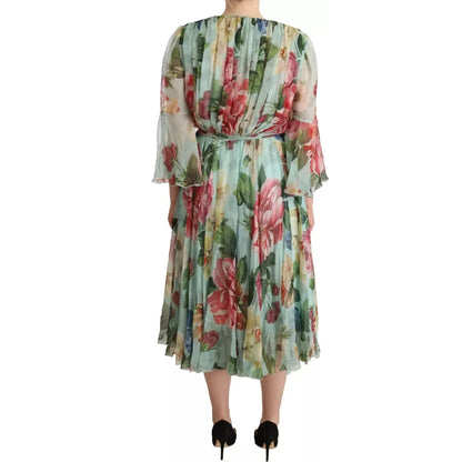 Dolce & Gabbana Green Floral Long Sleeve V-neck Midi Dress
