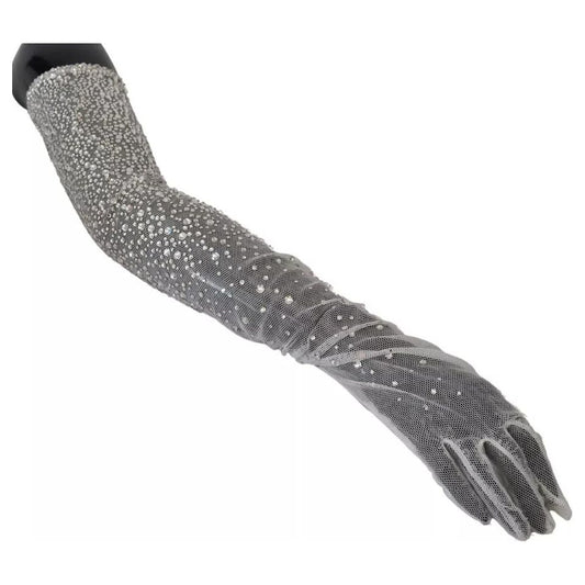 Dolce & Gabbana White Crystal Elbow Length Cotton Tulle Gloves