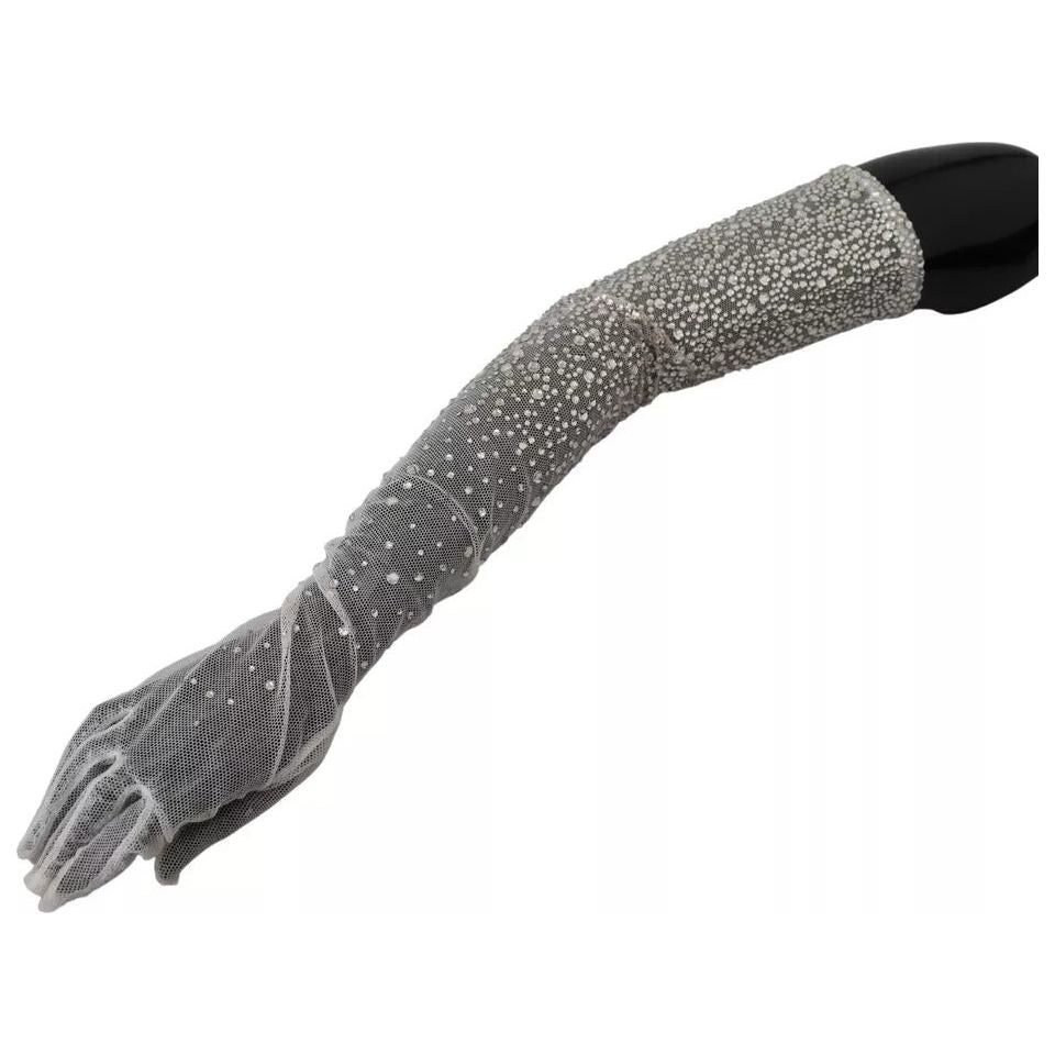 Dolce & Gabbana White Crystal Elbow Length Cotton Tulle Gloves