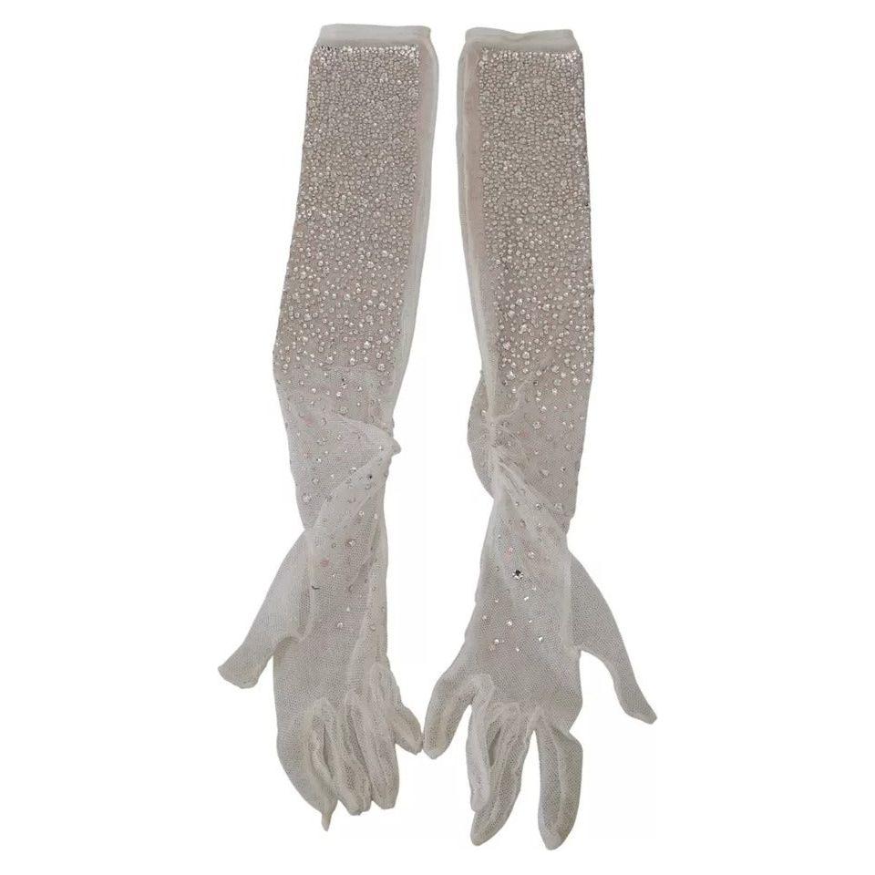 Dolce & Gabbana White Crystal Elbow Length Cotton Tulle Gloves