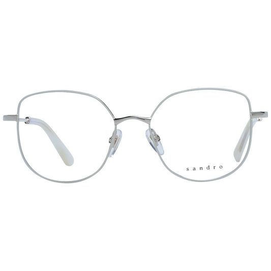 Sandro White Women Glasses Frame in stainless steel, full-rim square style, demo lenses, size 51-17-135, includes branded case.
