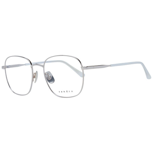 Sandro Silver Women Glasses Frame in stainless steel, square full-rim design with demo plastic lenses. Includes branded case.