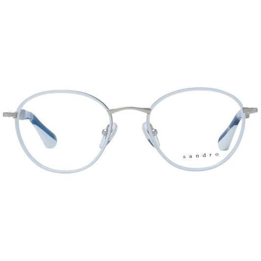 Sandro White Women Glasses Frame, stainless steel oval full-rim design with demo lenses, includes branded case.