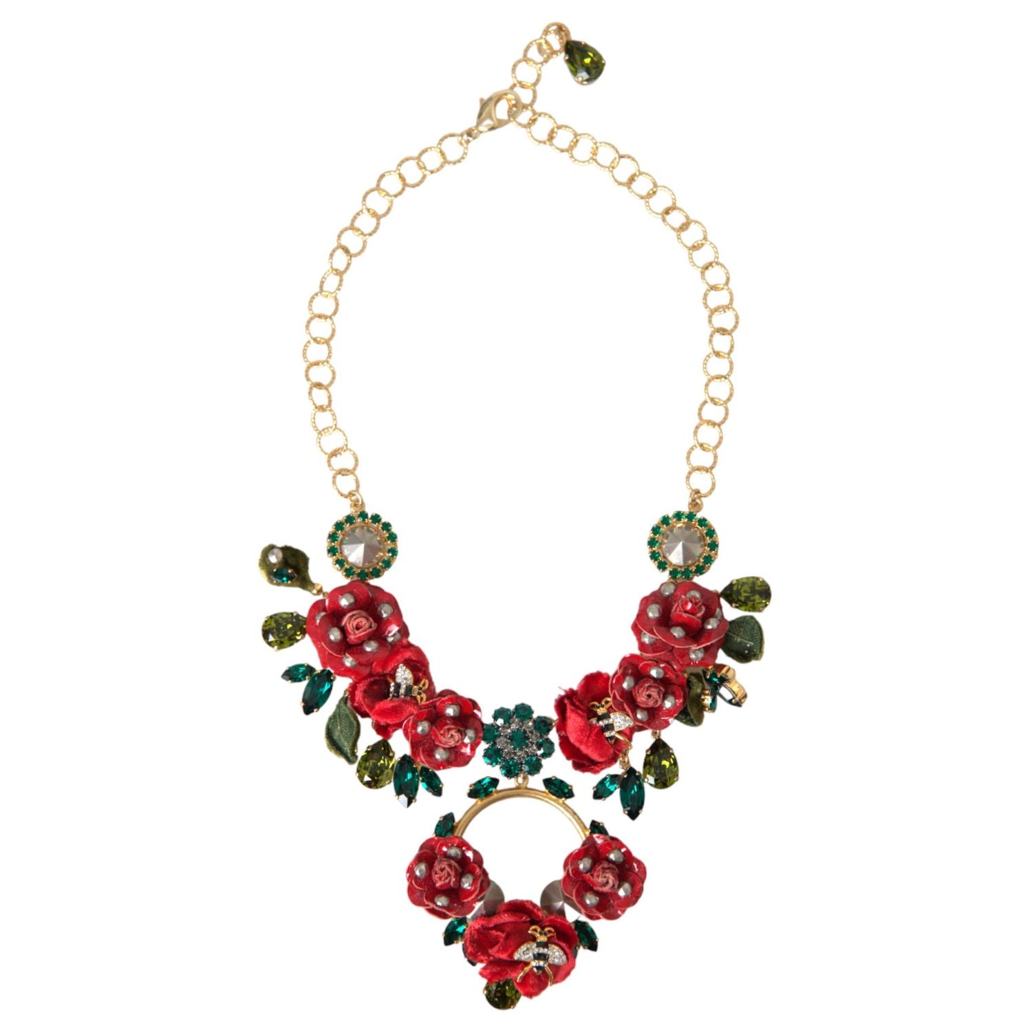 Dolce & Gabbana Gold Brass Link Chain RosePetal Crystal Pendant Necklace