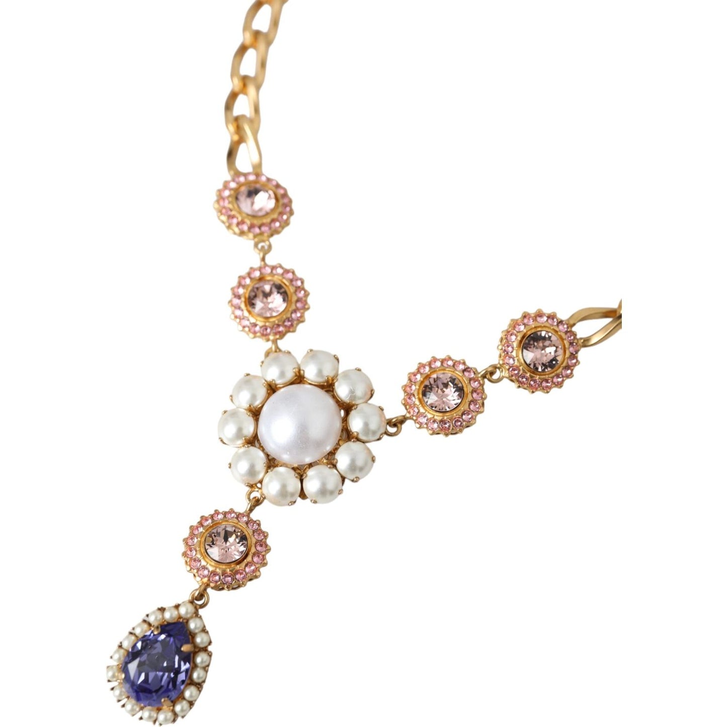 Dolce & Gabbana Gold Brass Crystal Purple Pink Pearl Pendants Necklace Necklace