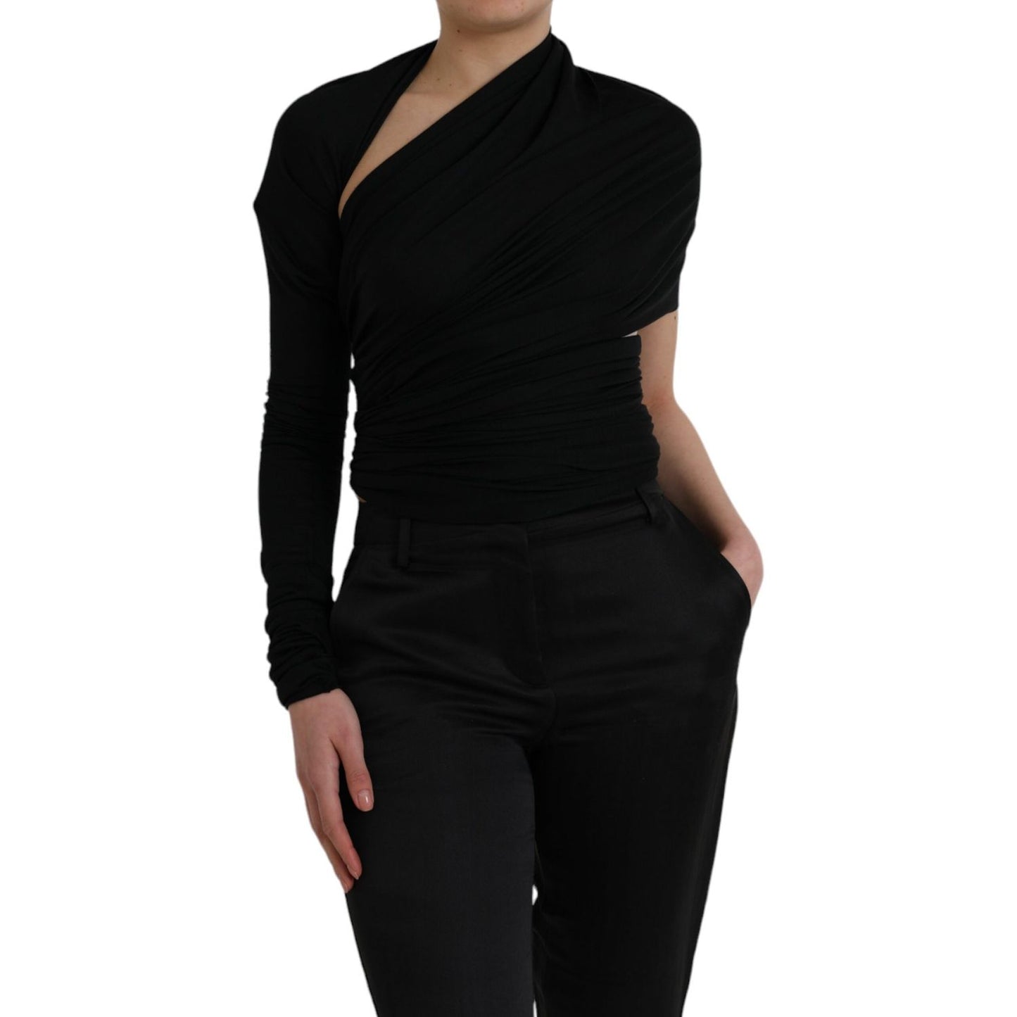 Dolce & Gabbana Black Wool Cutout Asymmetric Long Sleeve Top