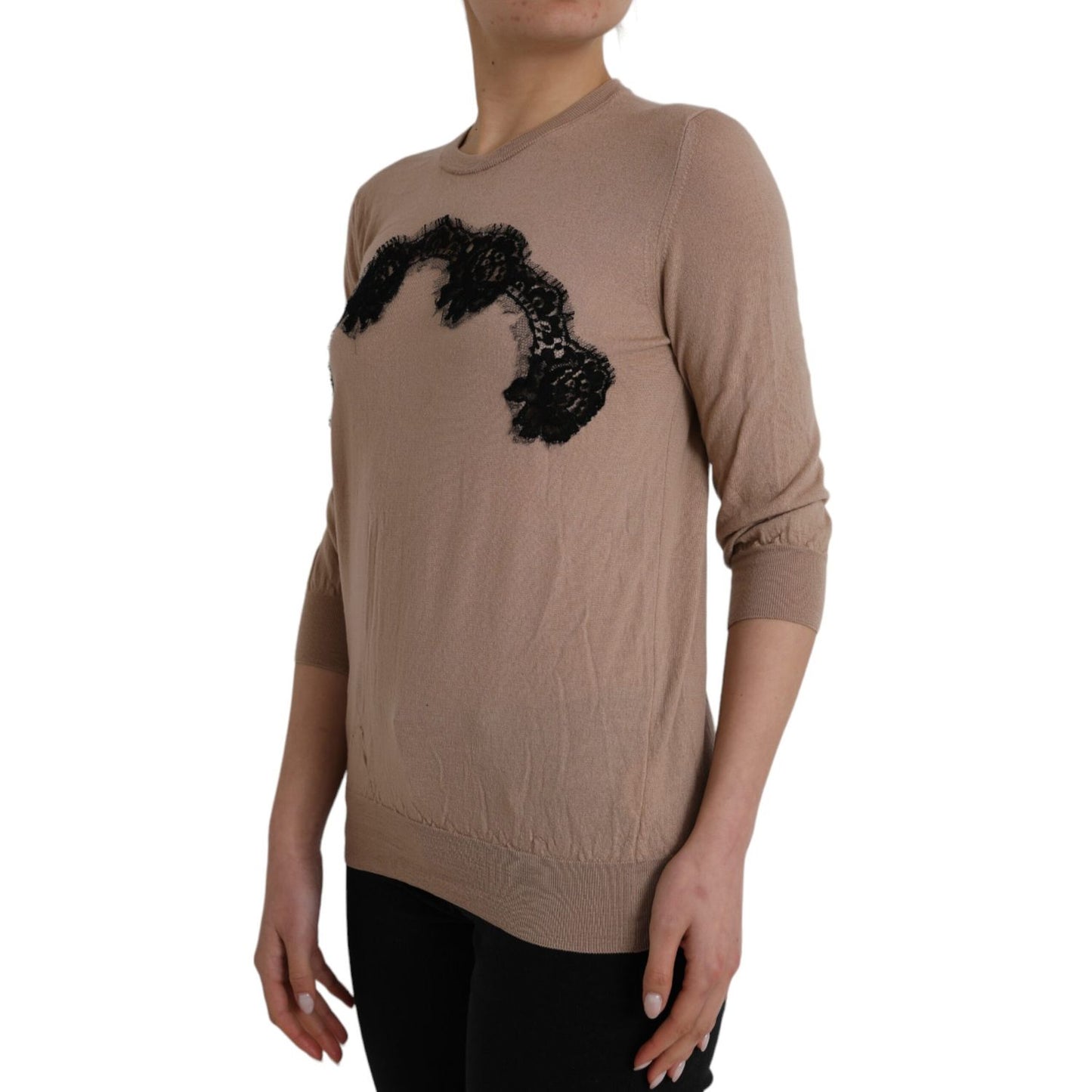 Dolce & Gabbana Brown Wool Black Lace 3/4 Sleeve Blouse Top