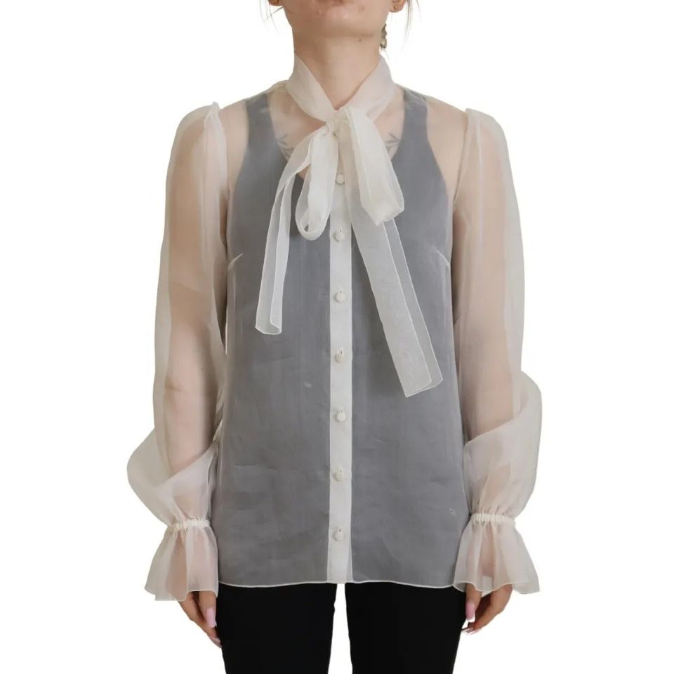 Dolce & Gabbana White Ascot Collar Long Sleeves Blouse Top