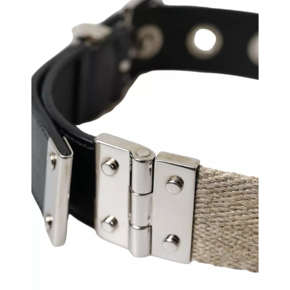 Dolce & Gabbana Black Leather Beige Strap Silver Metal Buckle Belt