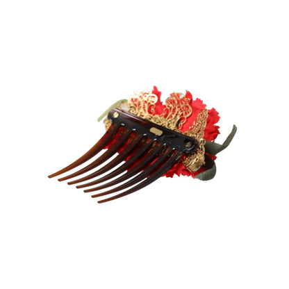 Dolce & Gabbana Red Silk Floral Gold Brass Women Hair Comb