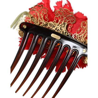 Dolce & Gabbana Red Silk Floral Gold Brass Women Hair Comb