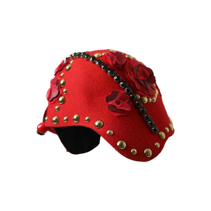 Dolce & Gabbana Red Crystal Gold Roses Brooch Embellished Hat