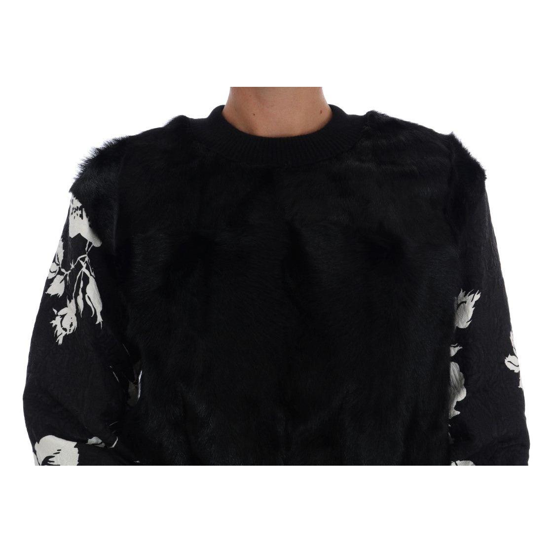 Dolce & Gabbana Black Fur Floral Brocade Zipper Sweater