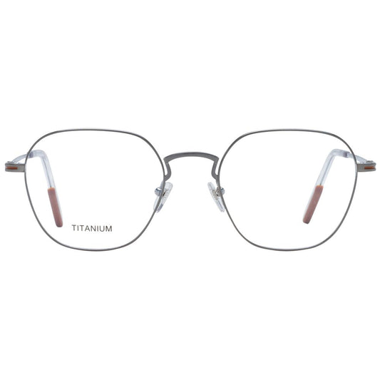 Ermenegildo Zegna Gray Men Glasses Frame in gunmetal, full-rim titanium, round style with demo lenses. Includes branded case.