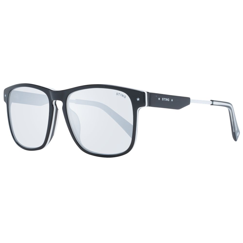 Sting Black Men Sunglass with full-rim black acetate frame and mirrored grey lenses, size 55-16-140, includes branded case.