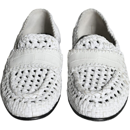 Dolce & Gabbana White Woven Leather Slip On Loafers Men Shoes
