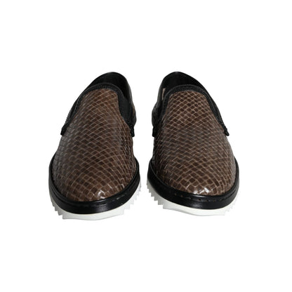 Dolce & Gabbana Brown Black Leather Weaved Men Loafers Shoes