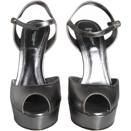 Dolce & Gabbana Metallic Silver Leather Keira Platform Sandals Shoes LA11328-38