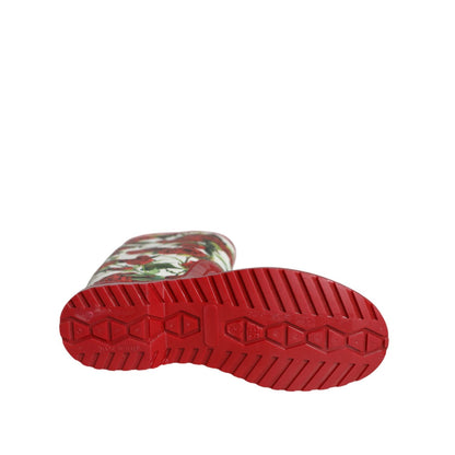 Dolce & Gabbana Red Floral Rubber Knee High Flat Boots Shoes