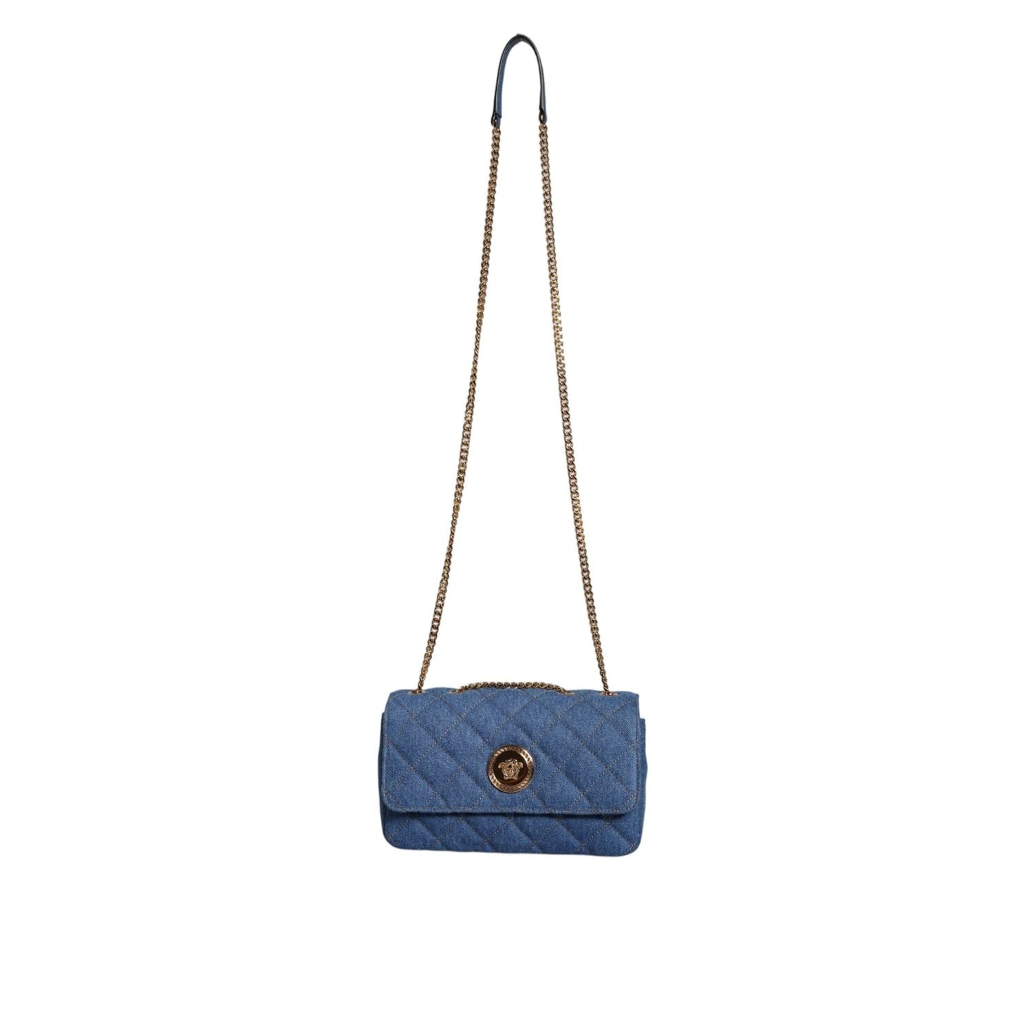 Versace Blue Quilted Denim Leather Crossbody Shoulder Bag