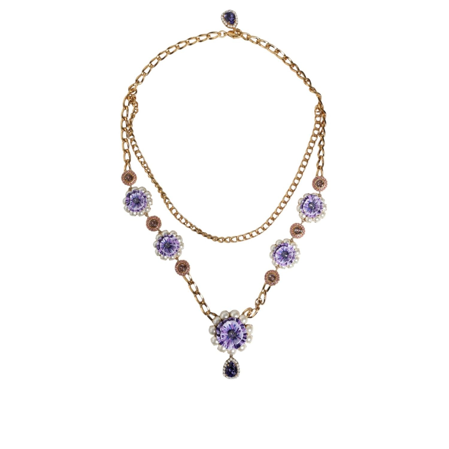Dolce & Gabbana Gold Tone Floral Crystals Embellished Layered Necklace