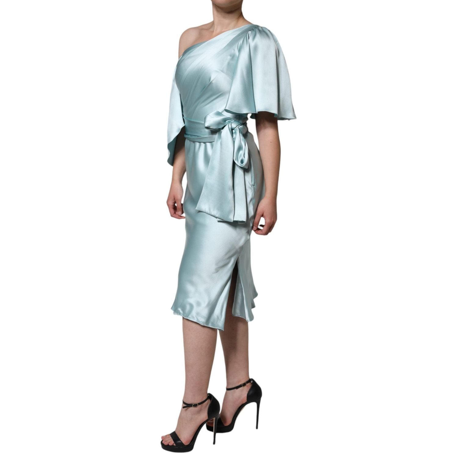 Dolce & Gabbana Mint Green Silk Fit Cut One Shoulder Dress