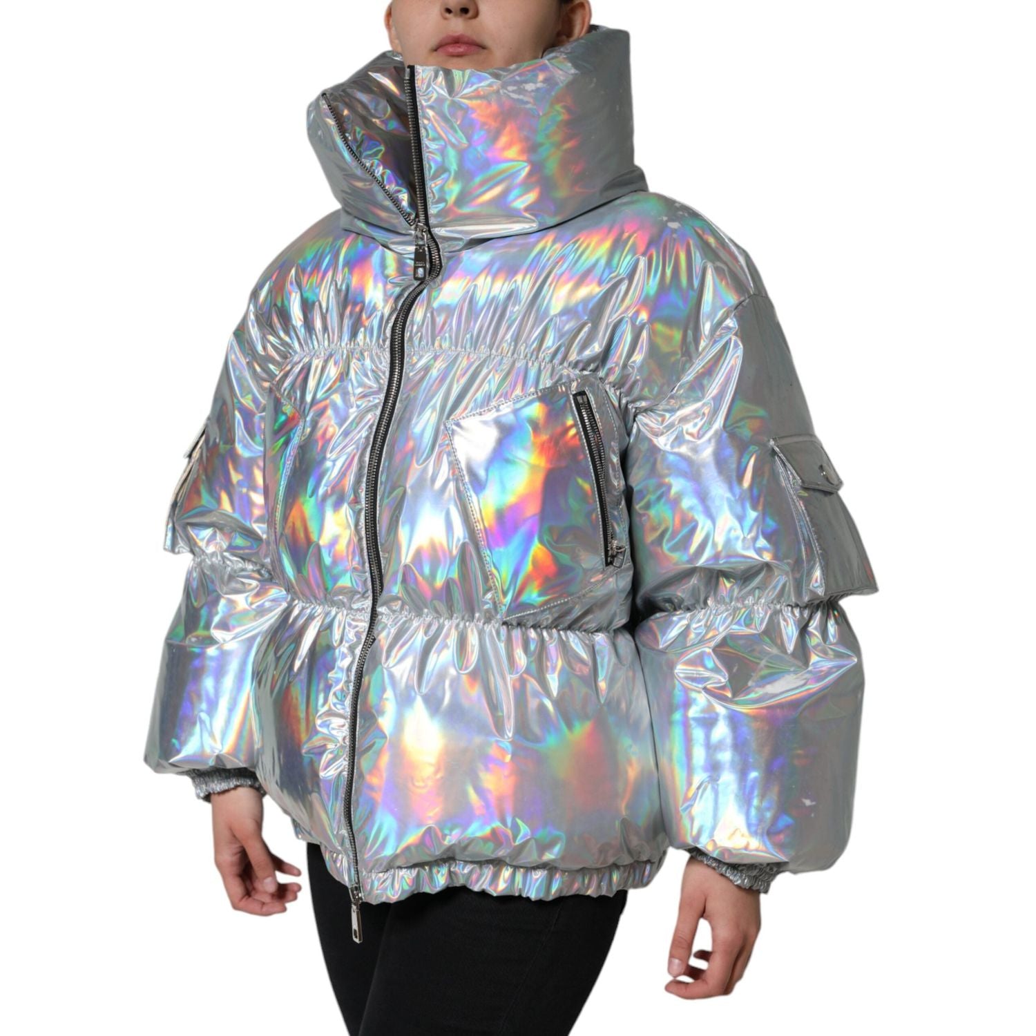 Dolce & Gabbana Silver Iridescent Puffer Full Zip Coat Jacket