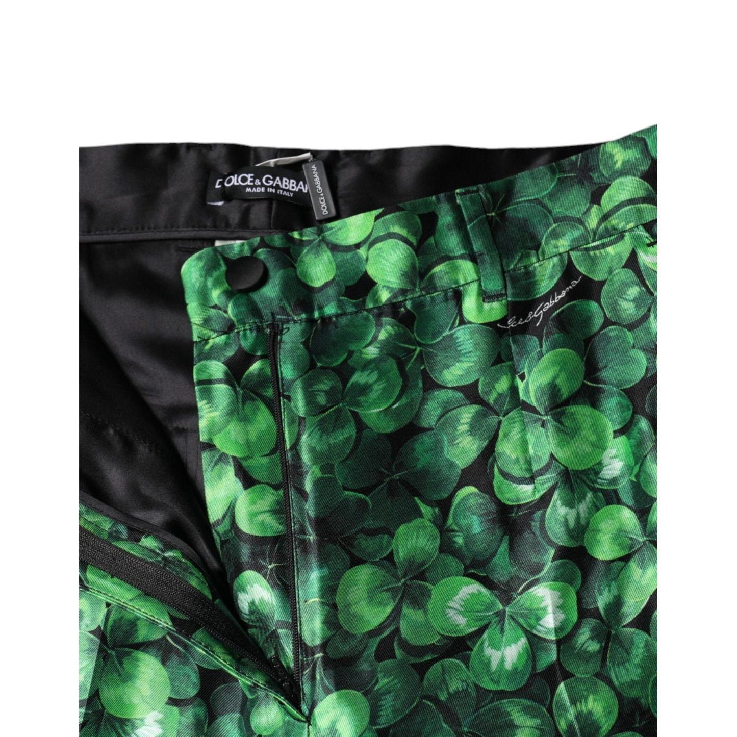 Dolce & Gabbana Green Clover Silk Satin High Waist Tapered Pants