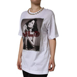 Dolce & Gabbana White Crystal Neckline Embellished Printed T-shirt