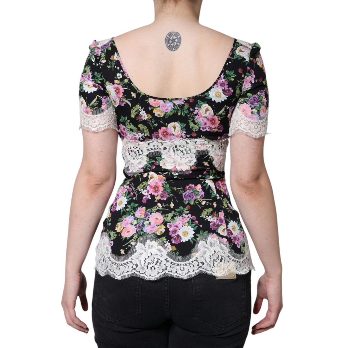 Dolce & Gabbana Black Floral Lace Short Sleeves Blouse Top