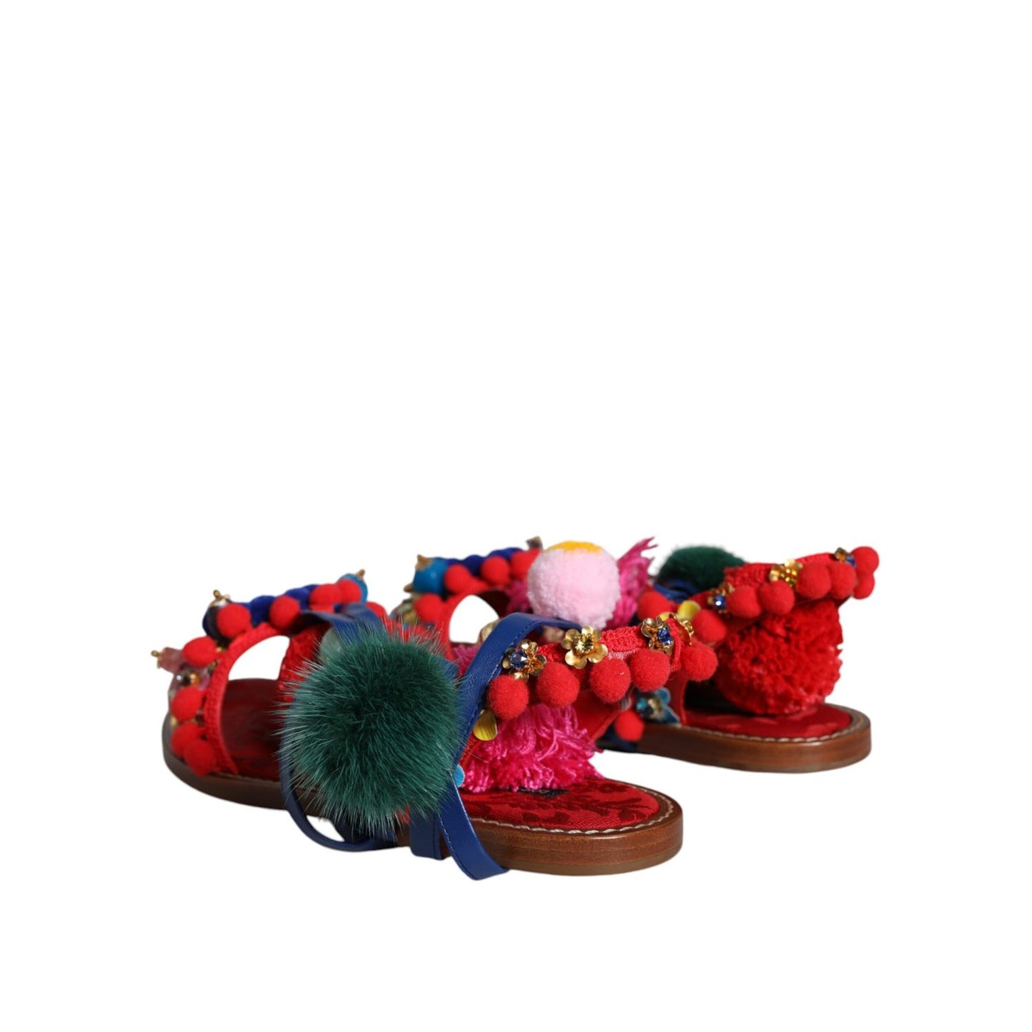 Dolce & Gabbana Multicolor Pom Pom Fur Wrap Sandals Shoes