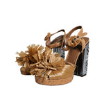 Dolce & Gabbana Brown Raffia Ankle Strap Crystal Sandals Shoes