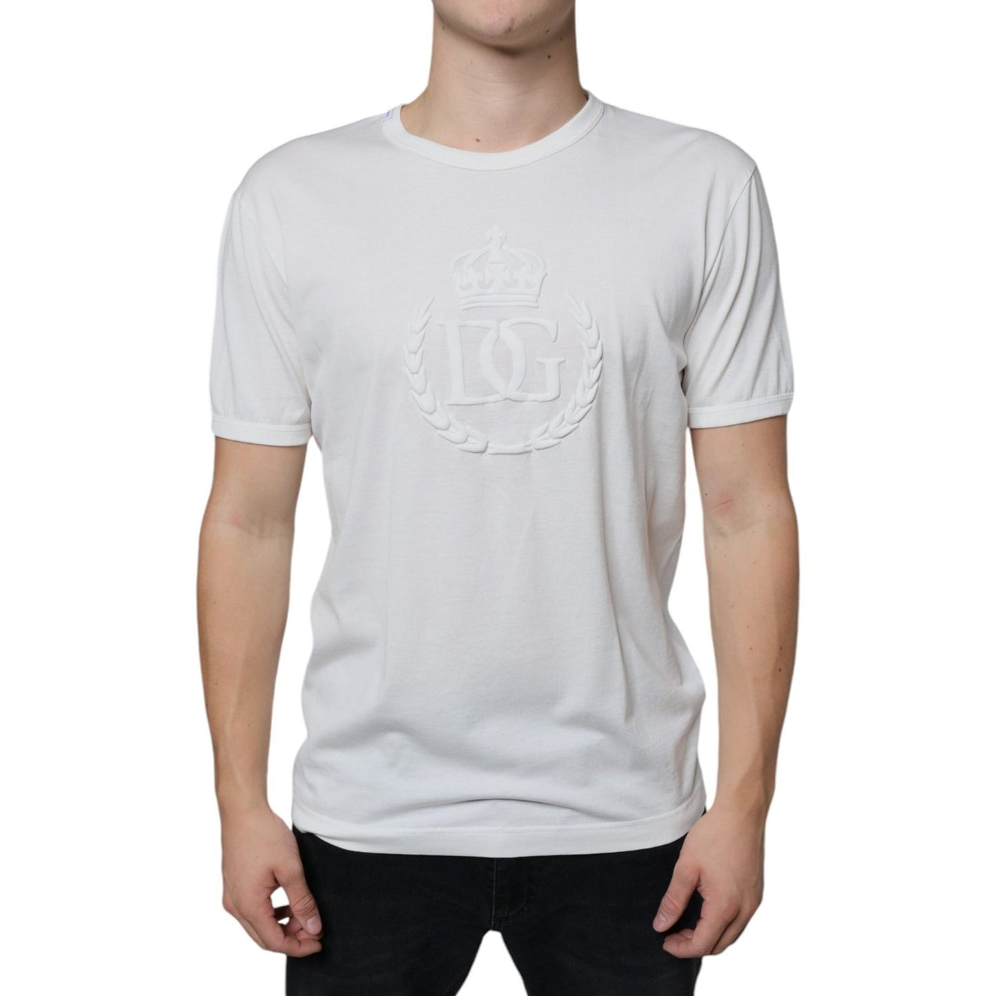 Dolce & Gabbana White Logo Embossed Cotton Crewneck T-shirt