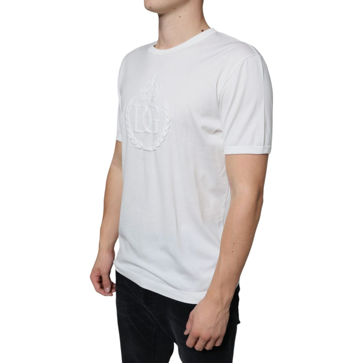 Dolce & Gabbana White Logo Embossed Cotton Crewneck T-shirt