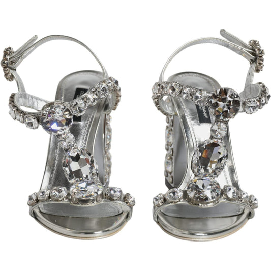 Dolce & Gabbana Silver Leather T-strap Crystal Sandals Shoes LA11853-37