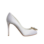Dolce & Gabbana White Crystals Peep Toe Satin Pumps Shoes
