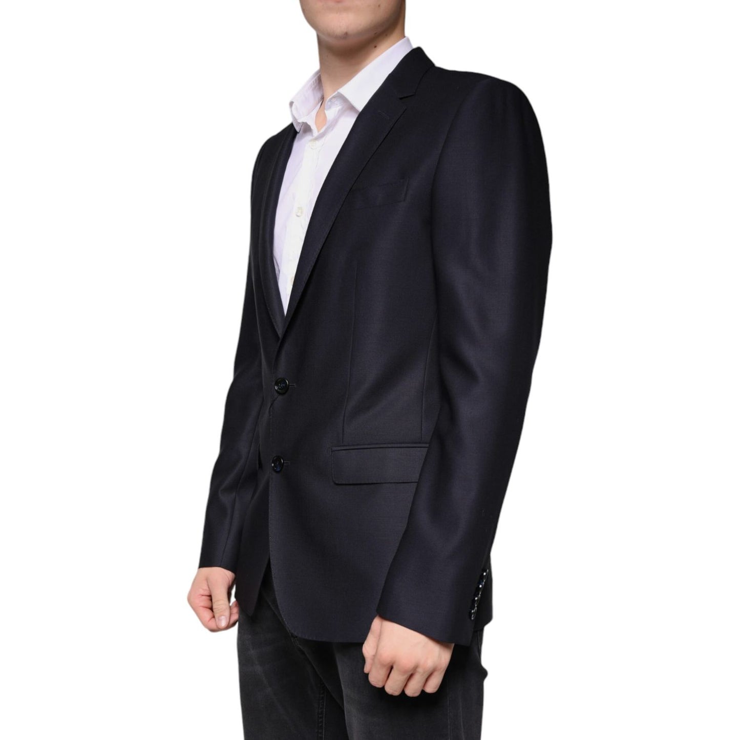 Dolce & Gabbana Dark Blue Wool Single Breasted Dress Coat Blazer