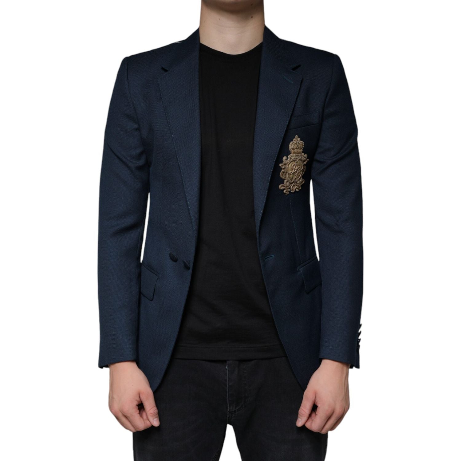 Dolce & Gabbana Blue Wool Logo Single Breasted Coat Blazer