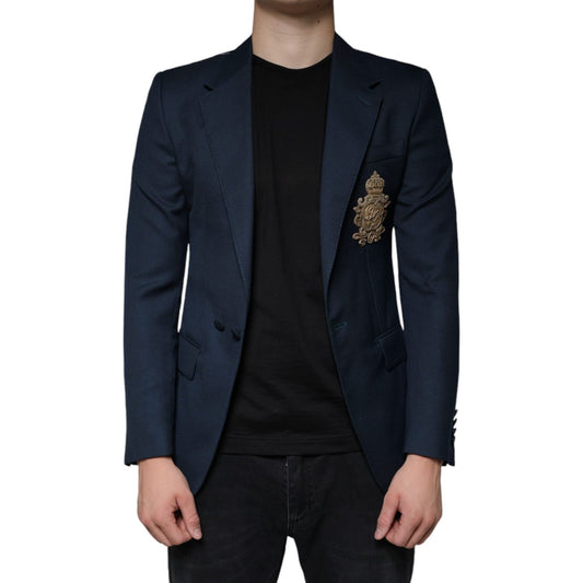Dolce & Gabbana Blue Wool Logo Single Breasted Coat Blazer