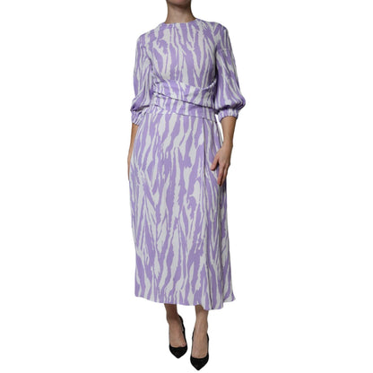 MSGM White Purple Patterned Viscose Short Sleeves Maxi Dress