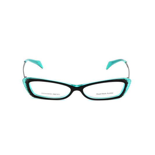 Alexander McQueen Multicolor Acetate Frames in turquoise, ruthenium grey and black with a cat-eye design, 52/14/145mm dimensions.
