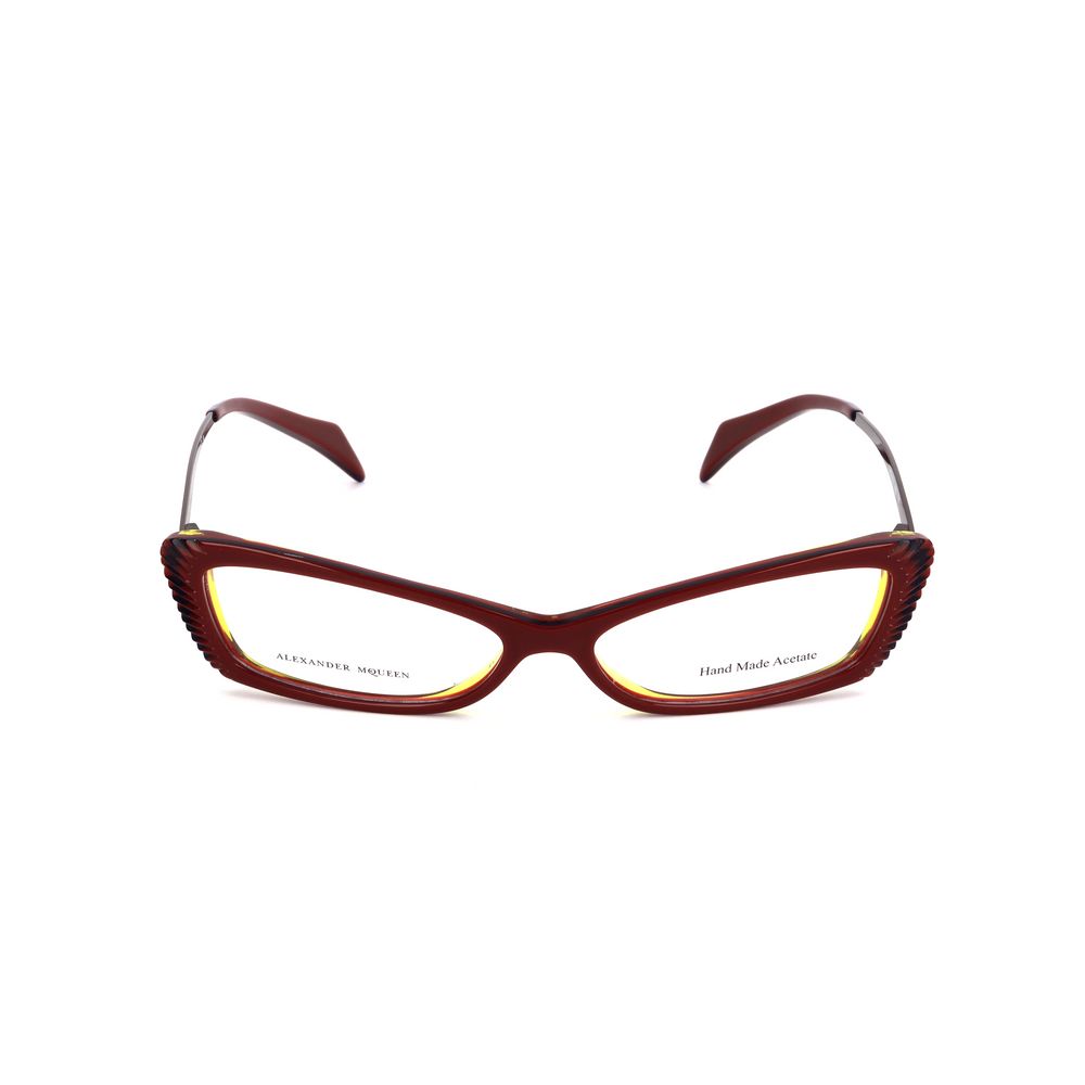 Front view of Alexander McQueen Multicolor Acetate Frames in burgundy with yellow accents, made from acetate material.