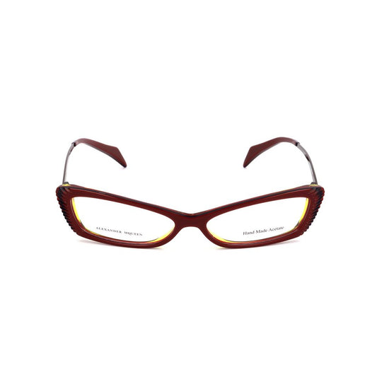 Front view of Alexander McQueen Multicolor Acetate Frames in burgundy with yellow accents, made from acetate material.