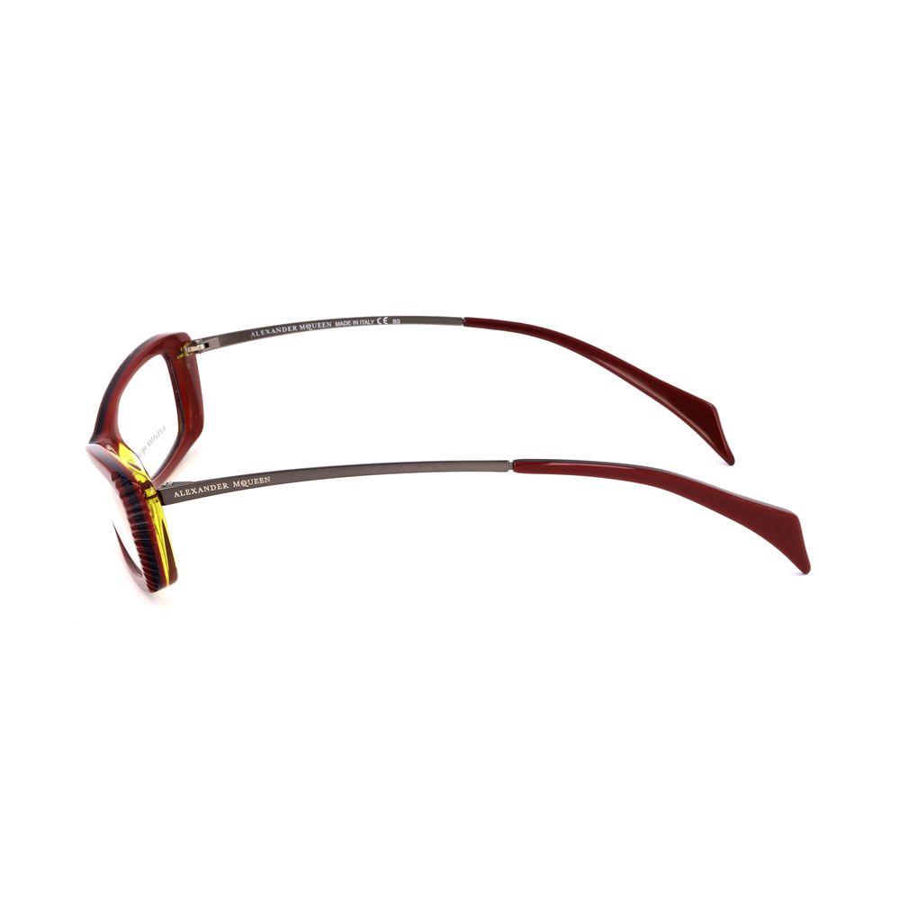 Side view of Alexander McQueen Multicolor Acetate Frames with ruthenium grey, burgundy, and yellow colors, temple length 145mm.