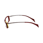 Side view of Alexander McQueen Multicolor Acetate Frames with ruthenium grey, burgundy, and yellow colors, temple length 145mm.