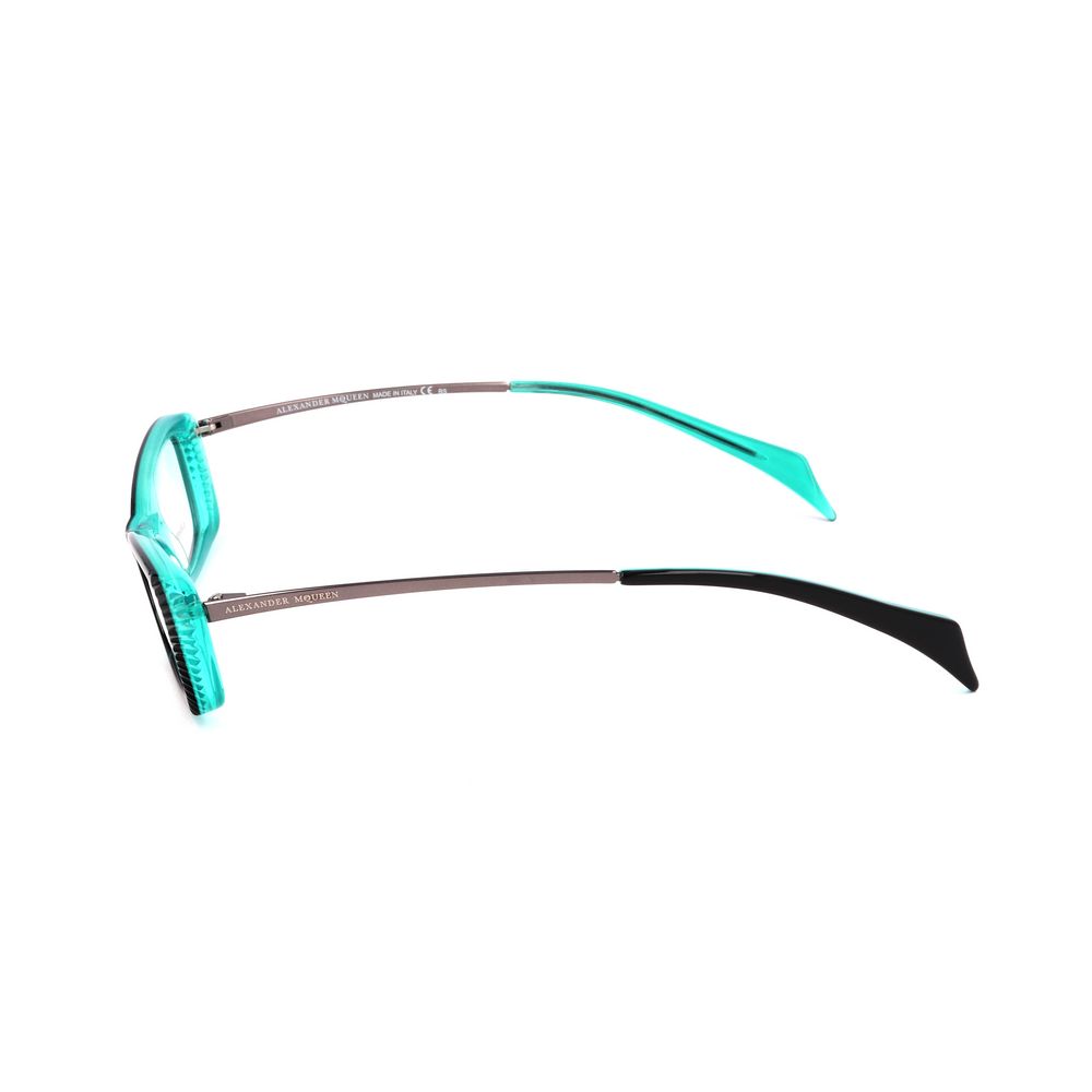 Side view of Alexander McQueen Multicolor Acetate Frames with turquoise and black temples, model AMQ4163R2K, 52/14/145mm.